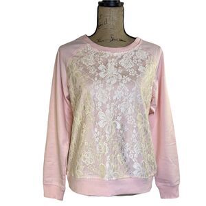 Jordache Pink Lace Overlay Top Sz M Sweatshirt Pull Over Coquette Romantic